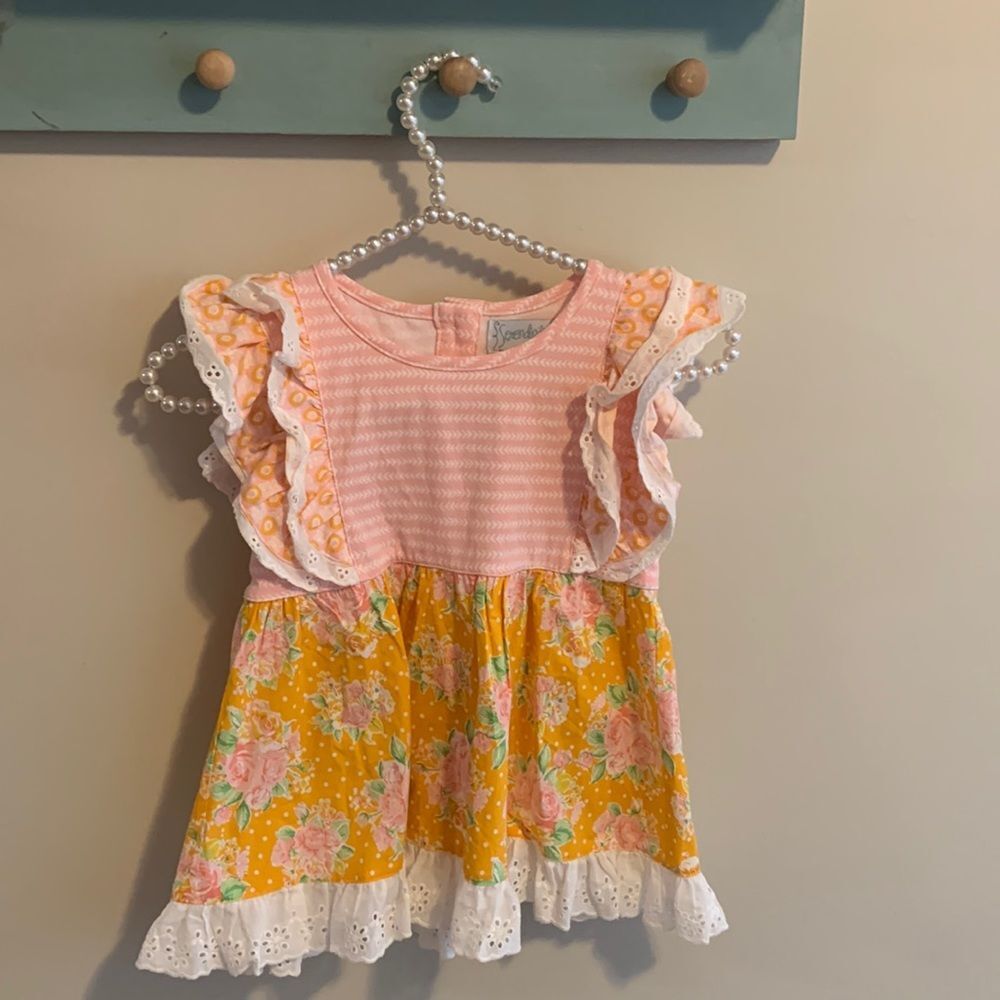Serendipity Clothing Girls Floral Tunic Top Dress Stripe Ruffle Pink Yellow 5-6